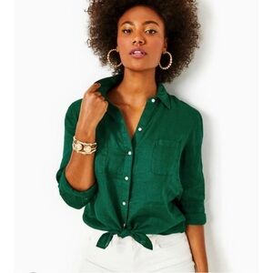 LILLY PULITZER Shirt NEW Linen Sea View Button Down Long Sleeve Top Size S